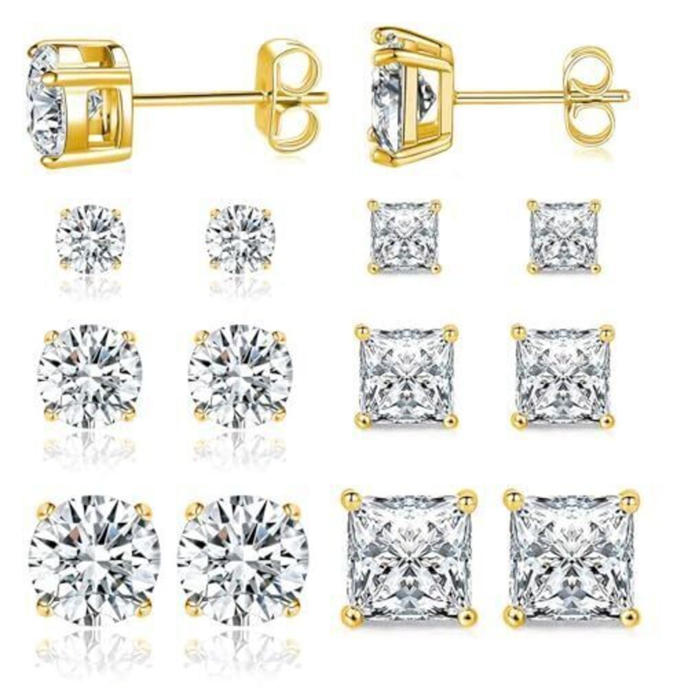 7755 Stud Earrings Packs 18K Yellow Gold Plated CZ Cubic Zirconia Ear